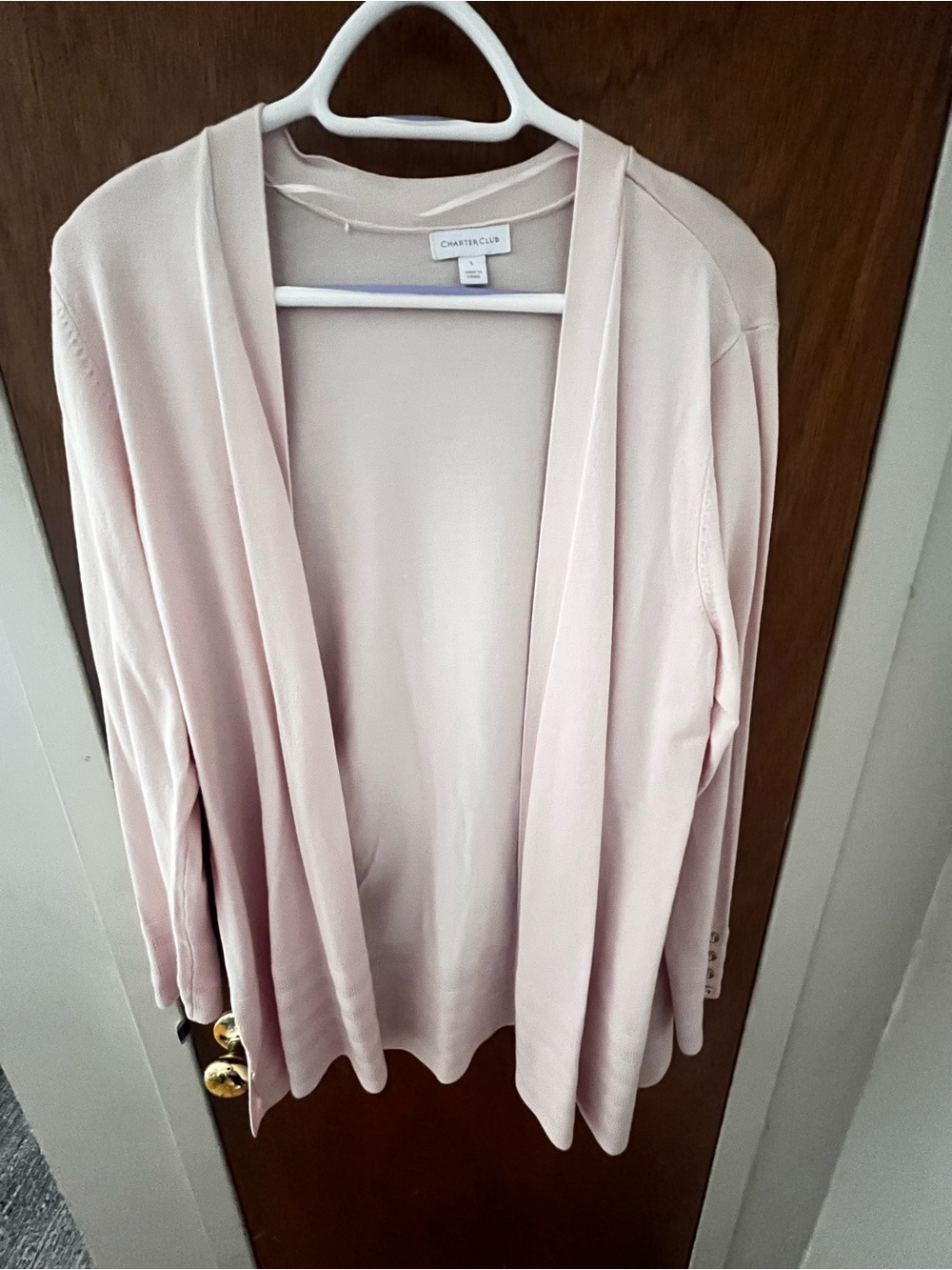 Charter Club Pink Open Front Cardigan Gold Button Cuffs Size L